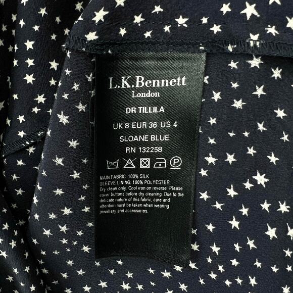LK BENNET Tillila Silk Star Print Tea Dress Women 4 Navy Blue Beige Puff Sleeve - Picture 14 of 16